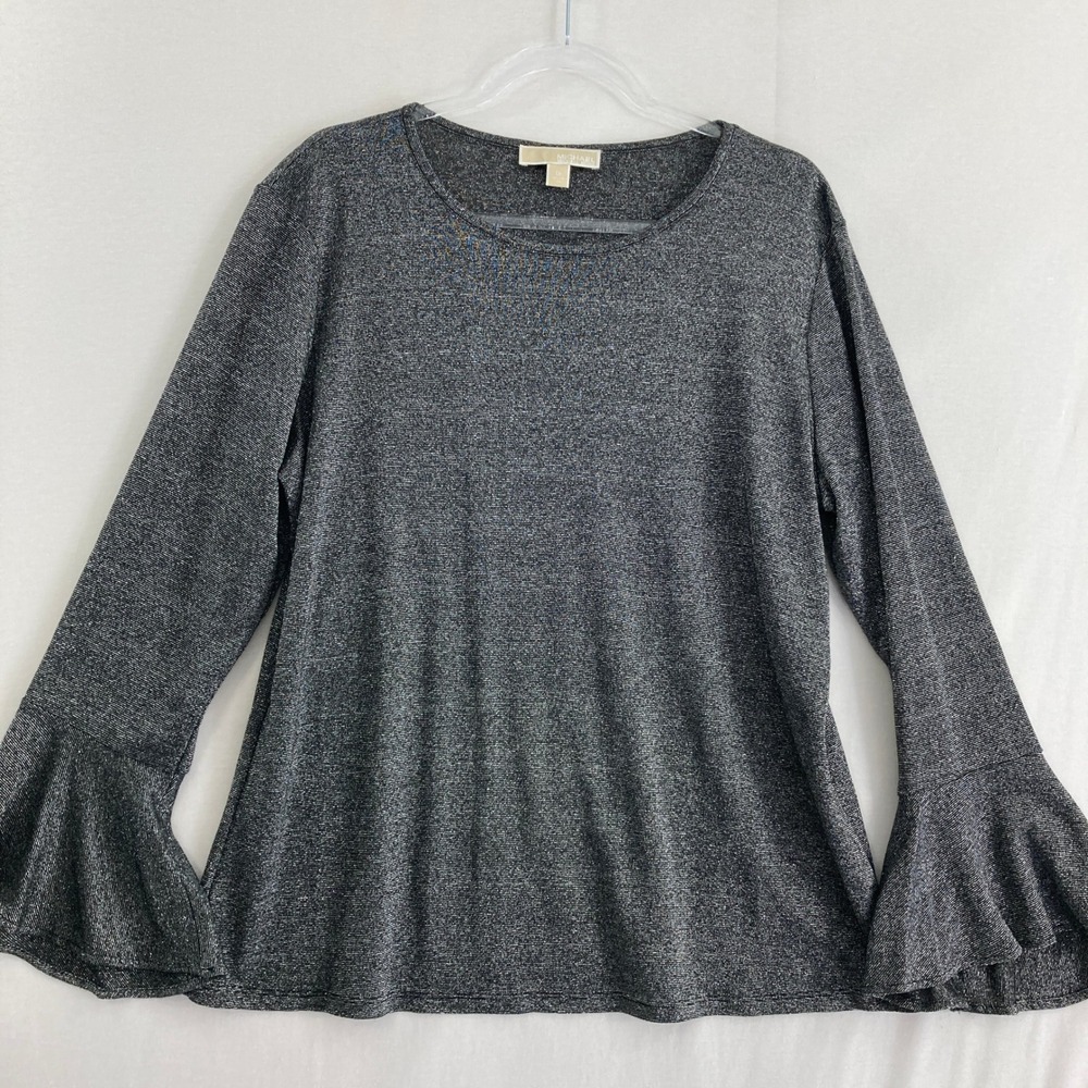 Michael Kors Blouse size 1X Bell Sleeve Silver Metallic Knit Crew Neck Evening